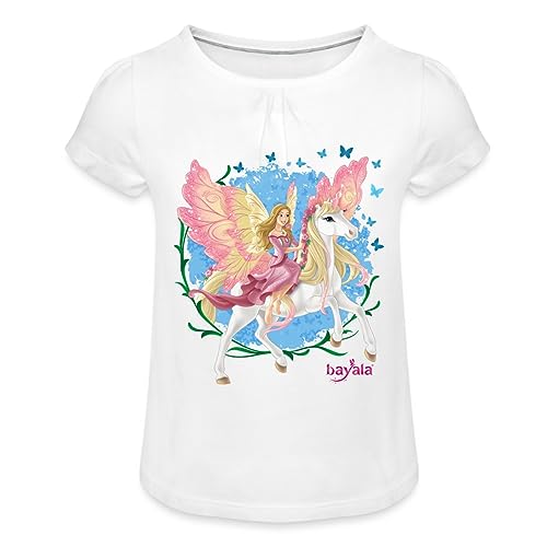 Spreadshirt Schleich Bayala Elfe Feya Reitet Pegasus-Einhorn Mädchen T-Shirt mit Raffungen, 10 Jahre, weiß von Spreadshirt