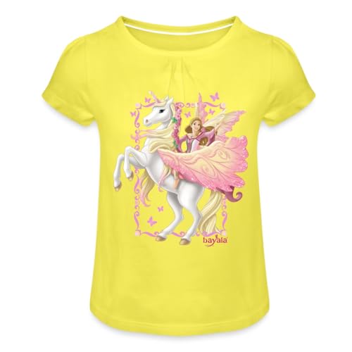 Spreadshirt Schleich Bayala Feya reitet auf Pegasus-Einhorn Mädchen T-Shirt mit Raffungen, 6 Jahre, Gelb von Spreadshirt