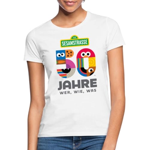 Spreadshirt Sesamstraße 50 Jahre Jubiläum Wer, Wie, was Frauen T-Shirt, L, weiß von Spreadshirt