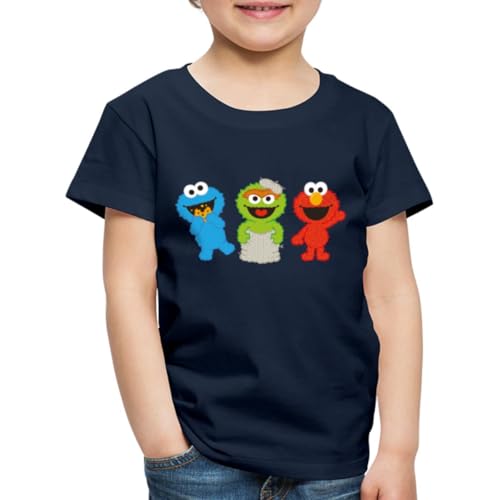 Spreadshirt Sesamstraße Baby Krümelmonster, Oscar & Elmo Kinder Premium T-Shirt, 110/116 (4 Jahre), Navy von Spreadshirt