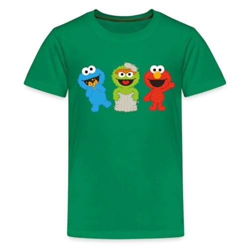 Spreadshirt Sesamstraße Baby Krümelmonster, Oscar & Elmo Kinder Premium T-Shirt, 110/116 (4 Jahre), Kelly Green von Spreadshirt