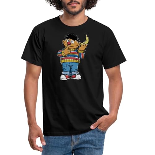 Spreadshirt Sesamstraße Ernie Mit Banane Pose Lustig Used Look Männer T-Shirt, 3XL, Schwarz von Spreadshirt
