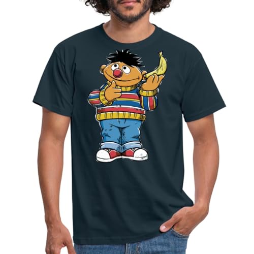 Spreadshirt Sesamstraße Ernie Mit Banane Pose Lustig Used Look Männer T-Shirt, 4XL, Navy von Spreadshirt