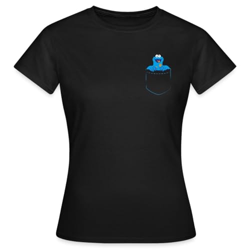 Spreadshirt Sesamstraße Krümelmonster In A Pocket Brusttasche Frauen T-Shirt, M, Schwarz von Spreadshirt