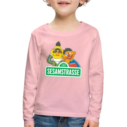 Spreadshirt Sesamstraße Schild Ernie und Bert Kinder Premium Langarmshirt, 134/140 (8 Jahre), Hellrosa von Spreadshirt