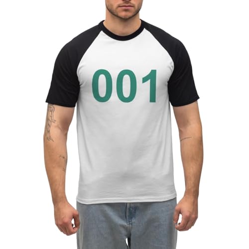 Spreadshirt Spieler 001 Squid Game Kostüm Frontmann Nummer 001 Männer Baseball-T-Shirt, XL, Weiß/Schwarz von Spreadshirt