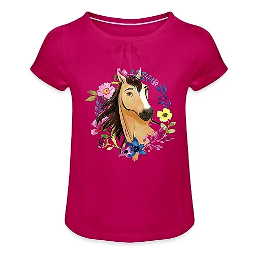 Spreadshirt Spirit Wildhengst Wildpferd Blumen Mädchen T-Shirt mit Raffungen, 10 Jahre, Fuchsia von Spreadshirt
