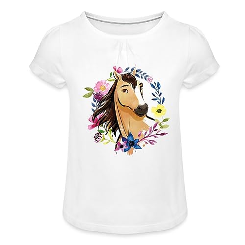 Spreadshirt Spirit Wildhengst Wildpferd Blumen Mädchen T-Shirt mit Raffungen, 10 Jahre, weiß von Spreadshirt