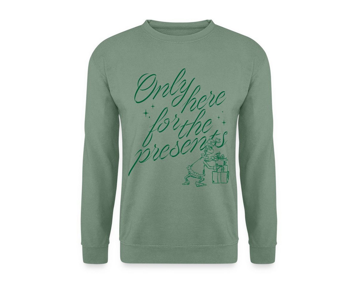 Spreadshirt Sweatshirt Der Grinch Spruch Only Here For The Presents Unisex Pullover (1-tlg) von Spreadshirt