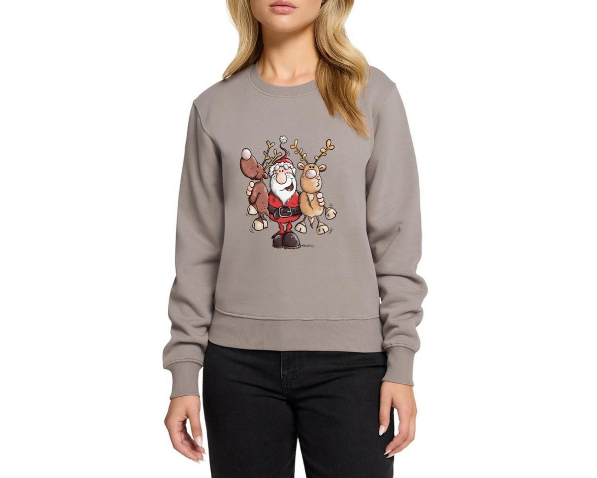 Spreadshirt Sweatshirt Fröhlicher Weihnachtsmann Mit Rentieren Cartoon Stil Damen Premium Pul (1-tlg) von Spreadshirt