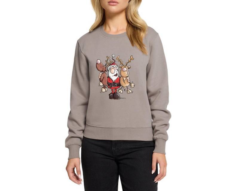 Spreadshirt Sweatshirt Fröhlicher Weihnachtsmann Mit Rentieren Cartoon Stil Damen Premium Pul (1-tlg) von Spreadshirt