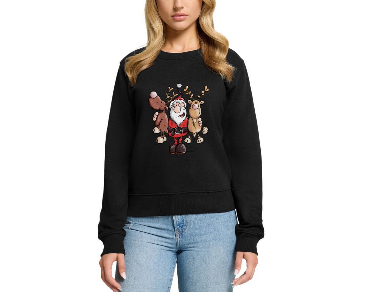Spreadshirt Sweatshirt Fröhlicher Weihnachtsmann Mit Rentieren Cartoon Stil Damen Premium Pul (1-tlg) von Spreadshirt