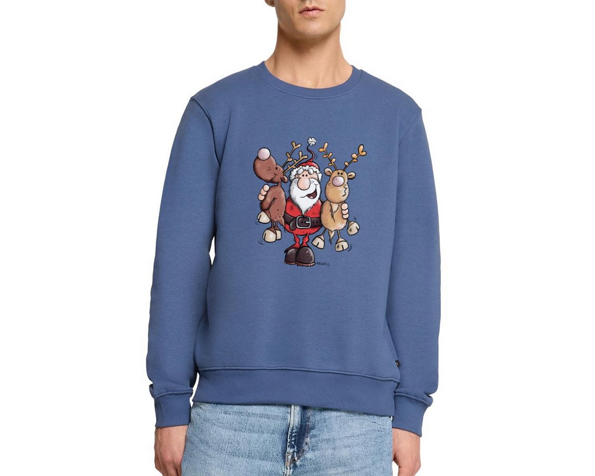 Spreadshirt Sweatshirt Fröhlicher Weihnachtsmann Mit Rentieren Cartoon Stil Herren Premium Pu (1-tlg) von Spreadshirt