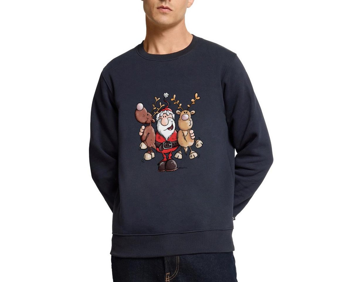 Spreadshirt Sweatshirt Fröhlicher Weihnachtsmann Mit Rentieren Cartoon Stil Herren Premium Pu (1-tlg) von Spreadshirt