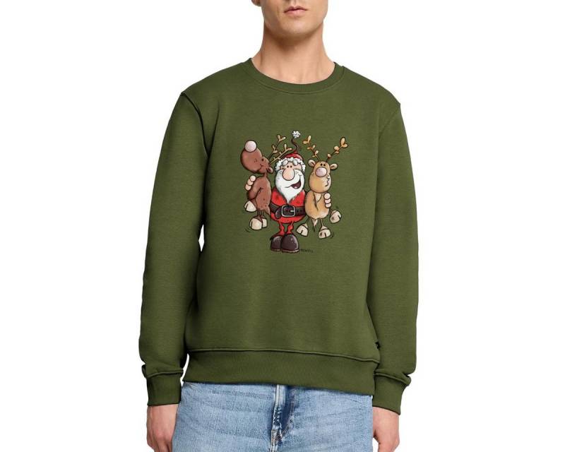 Spreadshirt Sweatshirt Fröhlicher Weihnachtsmann Mit Rentieren Cartoon Stil Herren Premium Pu (1-tlg) von Spreadshirt
