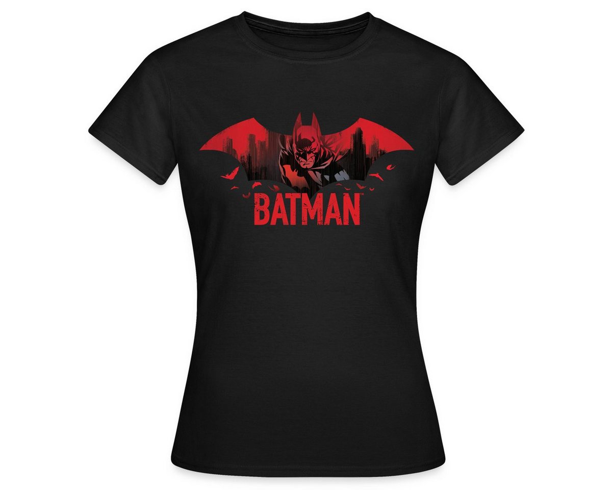 Spreadshirt T-Shirt Batman Mit Fledermäusen Und Rotem Batman-Logo Frauen T-Shirt (1-tlg) von Spreadshirt