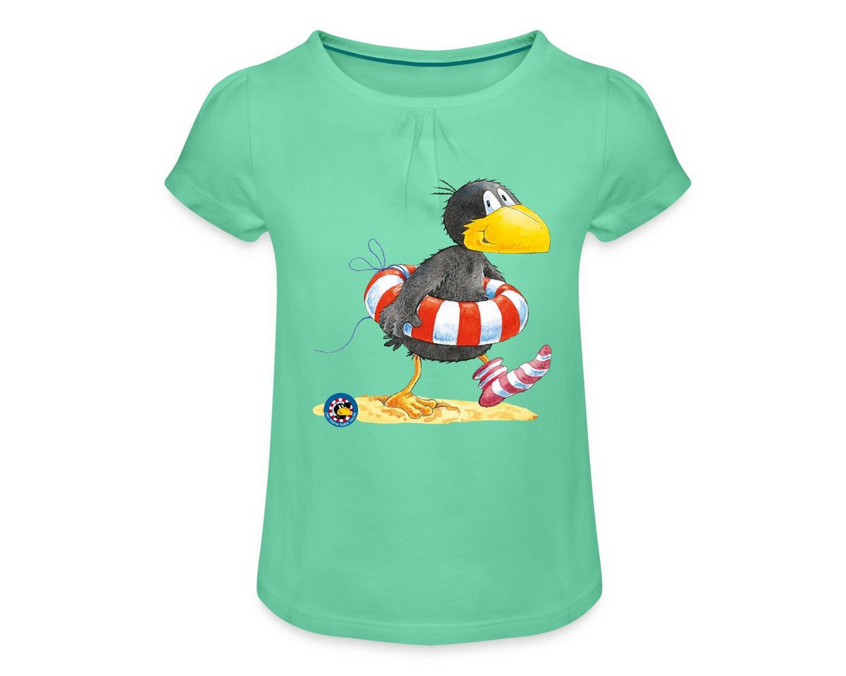 Spreadshirt T-Shirt Der kleine Rabe Socke mit Schwimmreifen Mädchen T-Shirt mit Raffungen (1-tlg) von Spreadshirt
