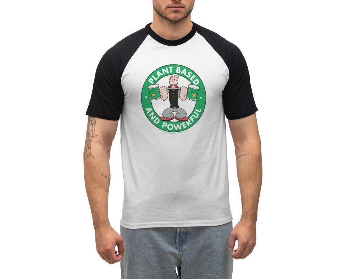 Spreadshirt T-Shirt Popeye Logo Plant Based And Powerful Männer Baseball-T-Shirt (1-tlg) von Spreadshirt
