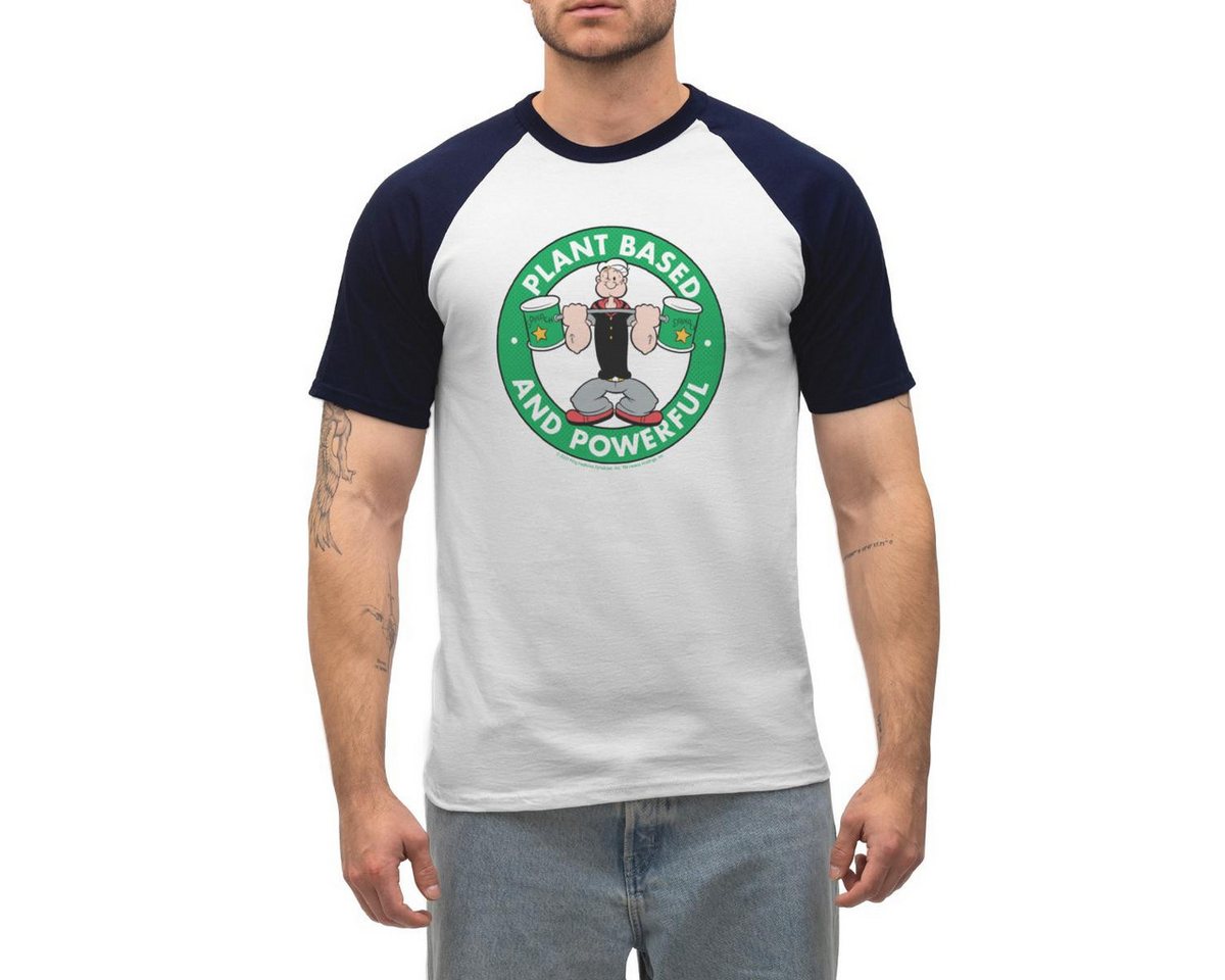Spreadshirt T-Shirt Popeye Logo Plant Based And Powerful Männer Baseball-T-Shirt (1-tlg) von Spreadshirt