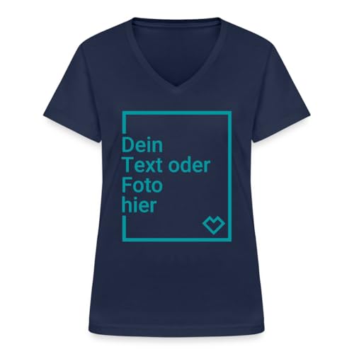 Spreadshirt T-Shirt Selbst Gestalten Mit Foto Oder Text | Personalisierbares Frauen-T-Shirt mit V-Ausschnitt, XL, Navy von Spreadshirt