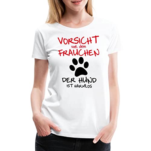 Spreadshirt Vorsicht Vor Dem Frauchen Hund Ist Harmlos Frauen Premium T-Shirt, L, weiß von Spreadshirt