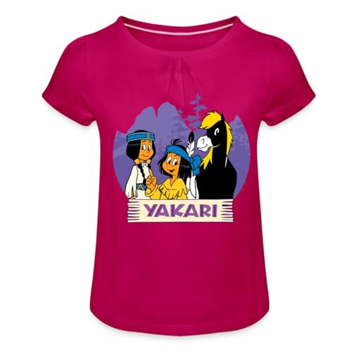 Spreadshirt Yakari Und Regenbogen Mit Pferd Kleiner Donner Mädchen T-Shirt mit Raffungen, 8 Jahre, Fuchsia von Spreadshirt