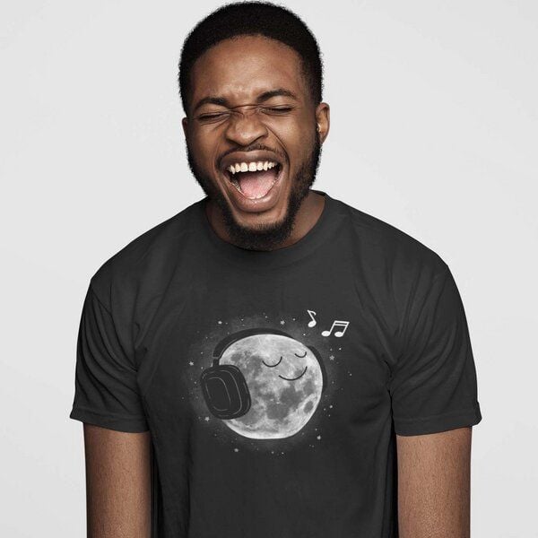 Spreecult Mond Musik - Bio und Fair - Männer Unisex T-Shirt - Kopfhörer Astronaut Weltall Erde von Spreecult