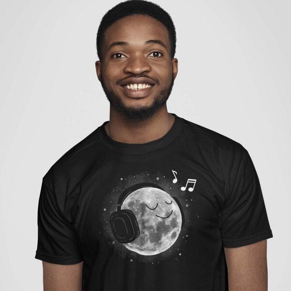 Spreecult Mond Musik - Bio und Fair - Männer Unisex T-Shirt - Kopfhörer Astronaut Weltall Erde von Spreecult