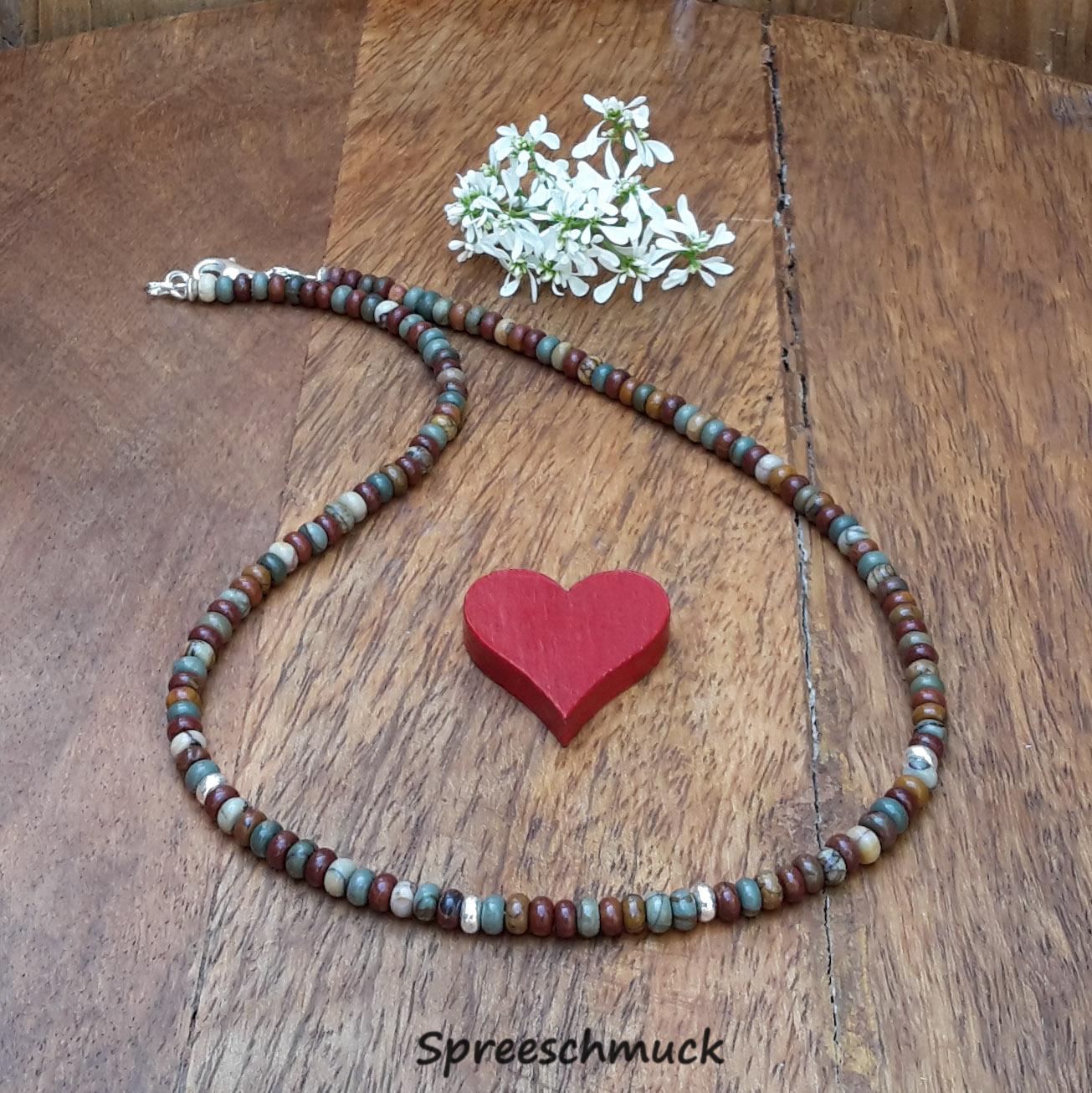 Braune Perlenkette/Jaspis Schmuck Halskette Freundin Natur Und Picasso & 925 Sterling Silber von Spreeschmuck