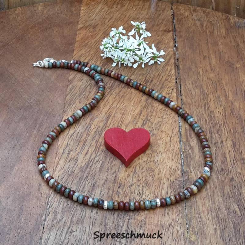 Braune Perlenkette/Jaspis Schmuck Halskette Freundin Natur Und Picasso & 925 Sterling Silber von Spreeschmuck