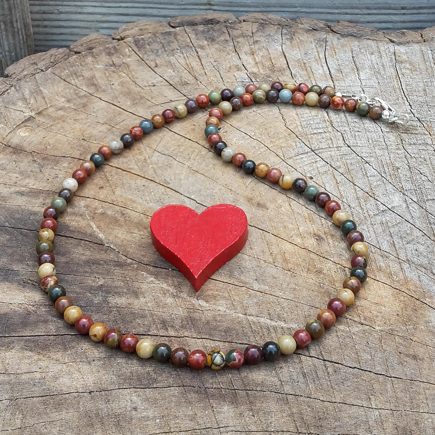 Bunte Perlenkette/Jaspis Kette Perlenhalskette Für Beste Freundin Zum Geburtstag Picasso Jaspis, 4mm & 925 Sterling Silber von Spreeschmuck