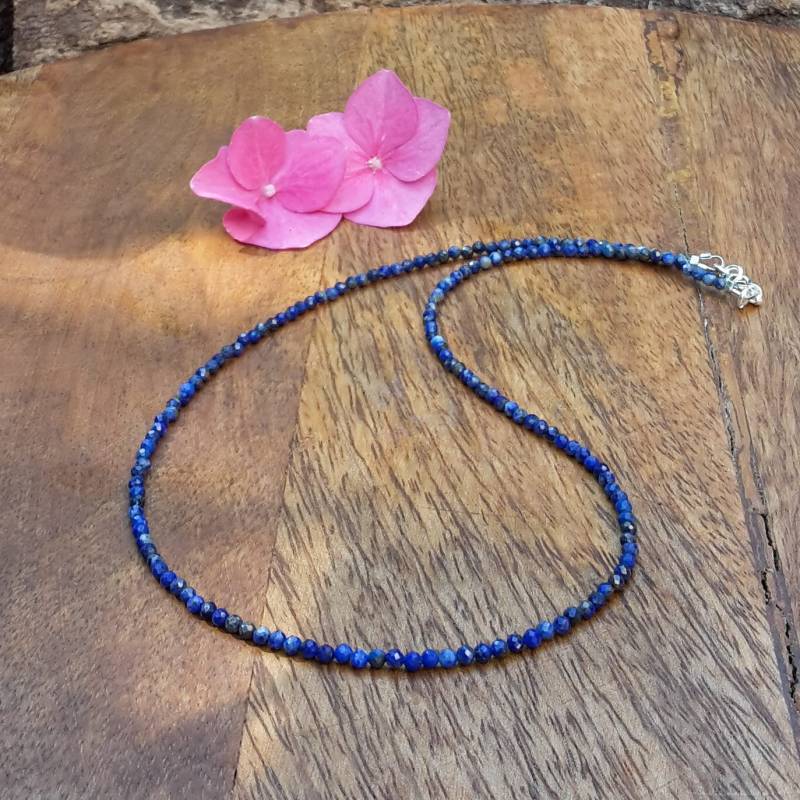 Echte Lapislazuli Kette/Zarte Perlenkette Beste Freundin Blau 3, 5 Mm & 925 Sterling Silber von Spreeschmuck