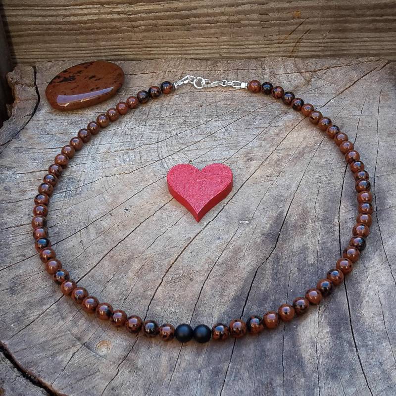 Obsidian Kette/Moderne Edelsteinketten Kurze Perlenkette Schmuck Für Beste Freundin Mahagoni 6mm & 925 Sterling Silber von Spreeschmuck