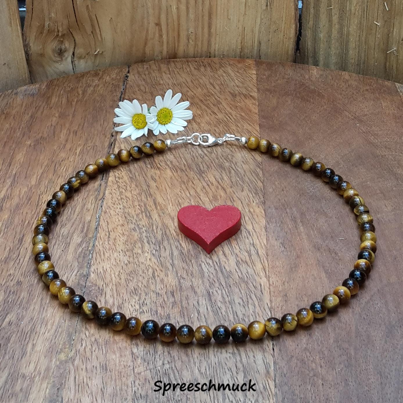Tigerauge Halskette/Perlenkette Braun Echte Edelsteinketten Für Männer 6 Mm & 925 Sterling Silber von Spreeschmuck