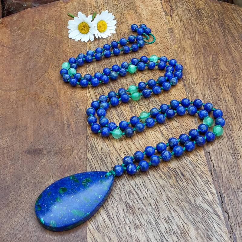 Yoga Geschenkideen/Hochwertiger Spiritueller Schmuck Mala Meditationskette Lapislazuli& Jade 6mm, Anhänger Lapislazuli/Malachit von Spreeschmuck