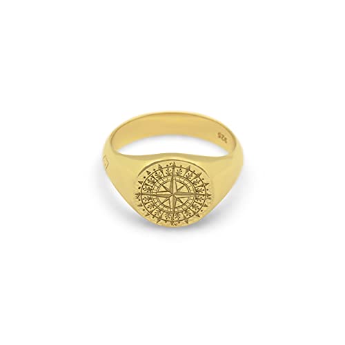 Herren Ring Gold Kompass Siegelring rund Gravur 925 Sterling Silber vergoldet massiv glänzend maritim | Männerschmuck mit Geschenkverpackung (62) von Sprezzi Fashion