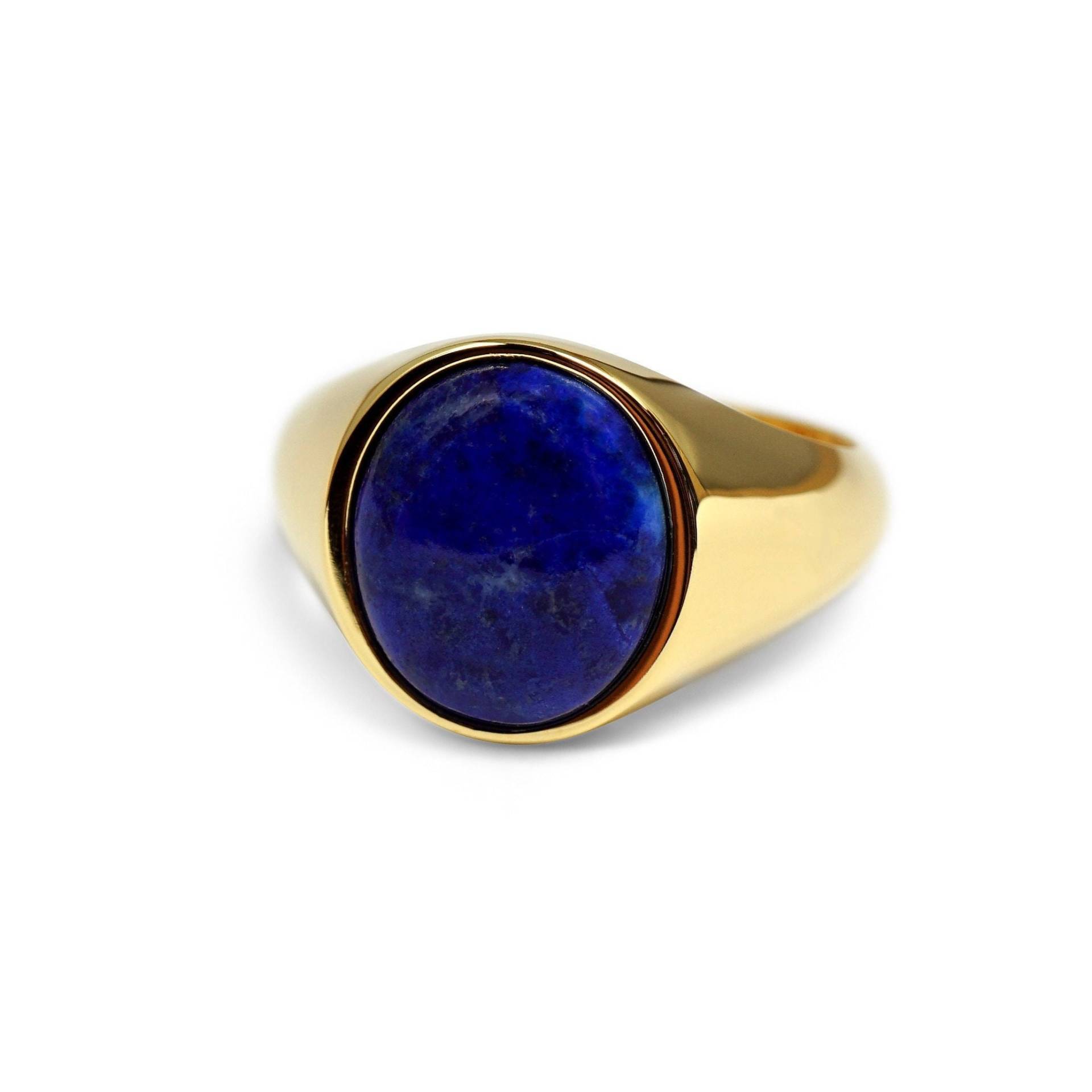 Siegelring Für Herren, 18 Karat Vergoldet, Mit Blauem Lapislazuli-Stein Moderner Ovaler Bandschmuck Aus 925Er Sterlingsilber von SprezziFashion