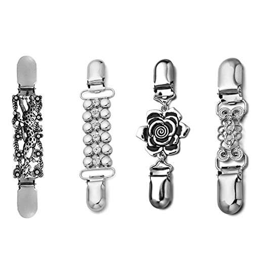 4 Stück Vintage Pullover Kette Retro Strickjacke Kragen Clips Silber Schal Clip mit Blumen Strass Hemd Brosche Clips Unisex Elegante Strickjacke Clips für Schals, Strickjacken, Pullover, Hemden von Sprießen