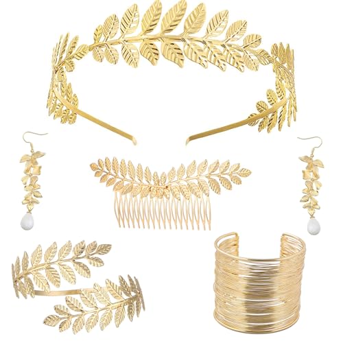 Sprießen 5 Stück Griechische Göttin Kostüm Schmuck Set, Hochzeit Brautschmuck, Oberarmreif, Ohrringe, Lorbeerkranz, Haarspange, Armband Goldene Hochzeit, Boho Blatt Haar Krone Accessories von Sprießen