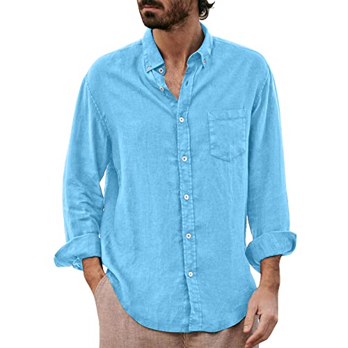 Herren Casual Baumwolle Leinen Hemden Langarm Button Down Hemd für Männer M-3XL, blau, XXL von Sprifloral