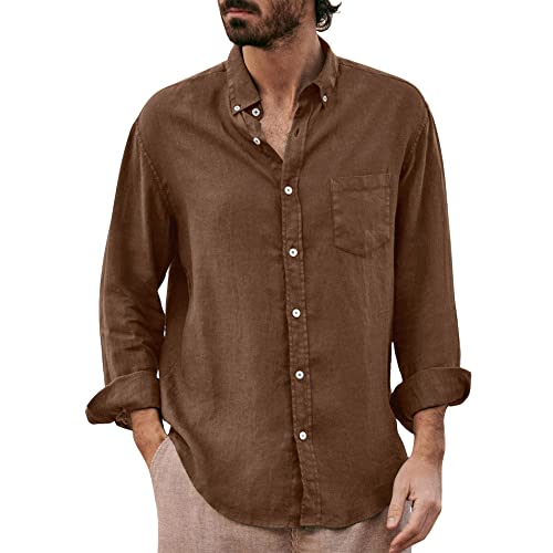 Herren Casual Baumwolle Leinen Shirts Langarm Button Down Shirt für Herren M-3XL, braun, 3XL von Sprifloral