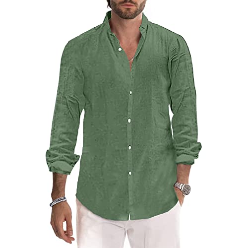 Herren Hemden Baumwolle Leinen Hemd Casual Langarm Button Down Strandhemd M-3XL, Army Grün, M von Sprifloral