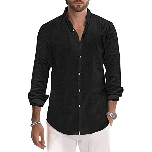 Herren Hemden Baumwolle Leinen Hemd Casual Langarm Button Down Strandhemd M-3XL, Schwarz , L von Sprifloral