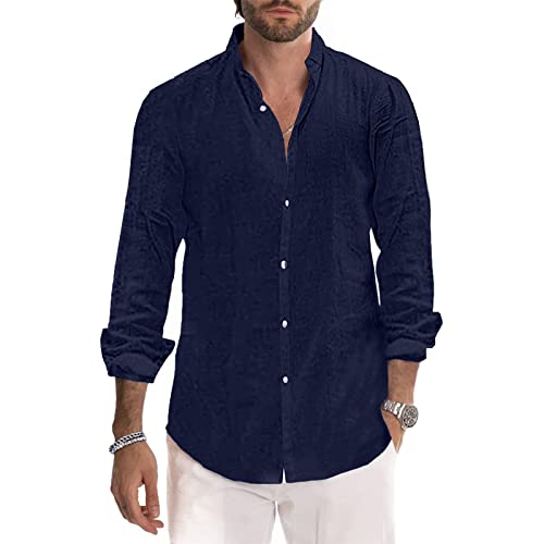 Herren Hemden Baumwolle Leinen Hemd Casual Langarm Button Down Strandhemd M-3XL, dunkelblau, 3XL von Sprifloral
