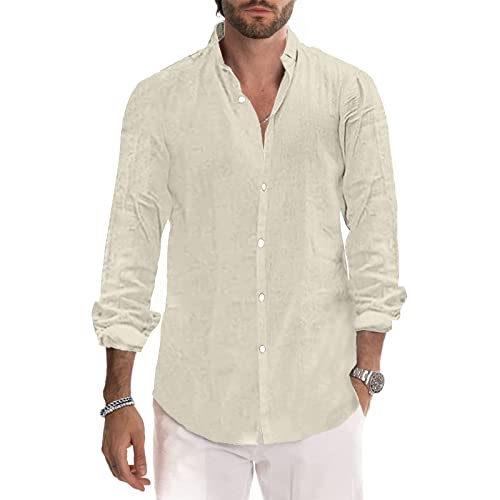 Herren Hemden Baumwolle Leinen Hemd Casual Langarm Button Down Strandhemd M-3XL, khaki, 3XL von Sprifloral