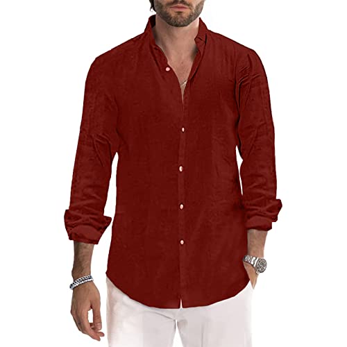 Herren Hemden Baumwolle Leinen Hemd Casual Langarm Button Down Strandhemd M-3XL, rot, 3XL von Sprifloral