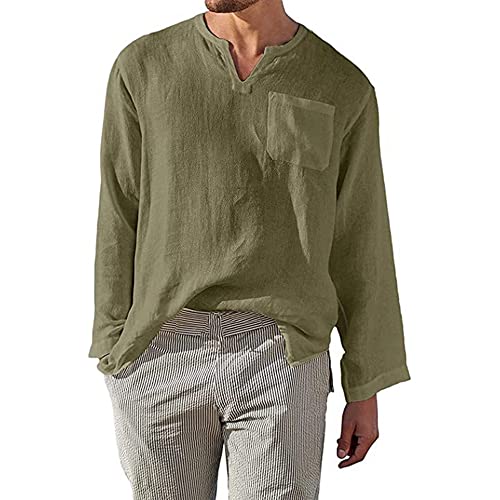 Herren Hemden Casual Leinen Shirt Leicht Mode Langarm Henley T Shirts, grün, XXL von Sprifloral