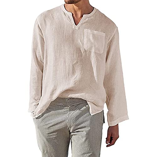 Herren Hemden Casual Leinen Shirt Leicht Mode Langarm Henley T Shirts, khaki, L von Sprifloral