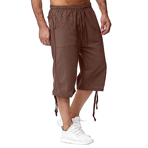 Herren Leinen-Shorts 3/4 Länge Hosen Sommerhose Strand Yoga Jogger Casual Sweatpants Braun 4XL von Sprifloral