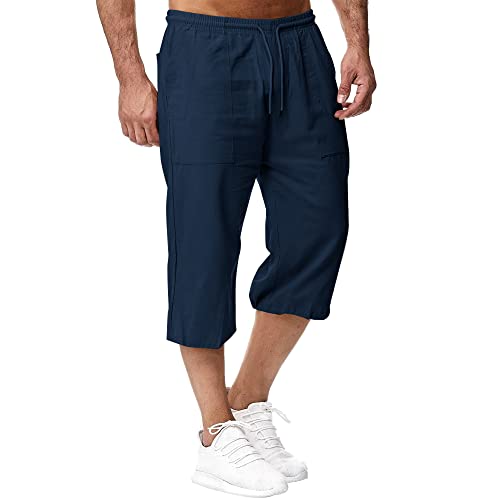 Herren Leinen-Shorts 3/4 Länge Hosen Sommerhose Strand Yoga Jogger Casual Sweatpants Dunkelblau M von Sprifloral